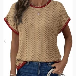 Women's Beige and Red Crew Neck Sweater